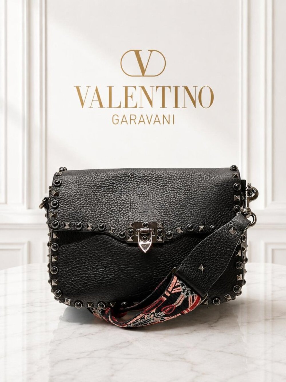 Authentic Valentino Rolling Rockstud Black Saddle Shoulder Bag